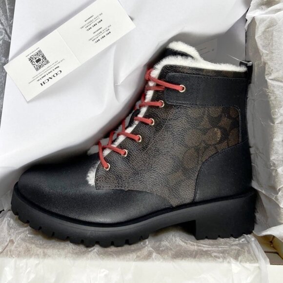 COACH Lorraine Sig Booties Womens 7.5 Black/Mahogany Chunky Heel Red Lace-up NIB - Picture 4 of 8